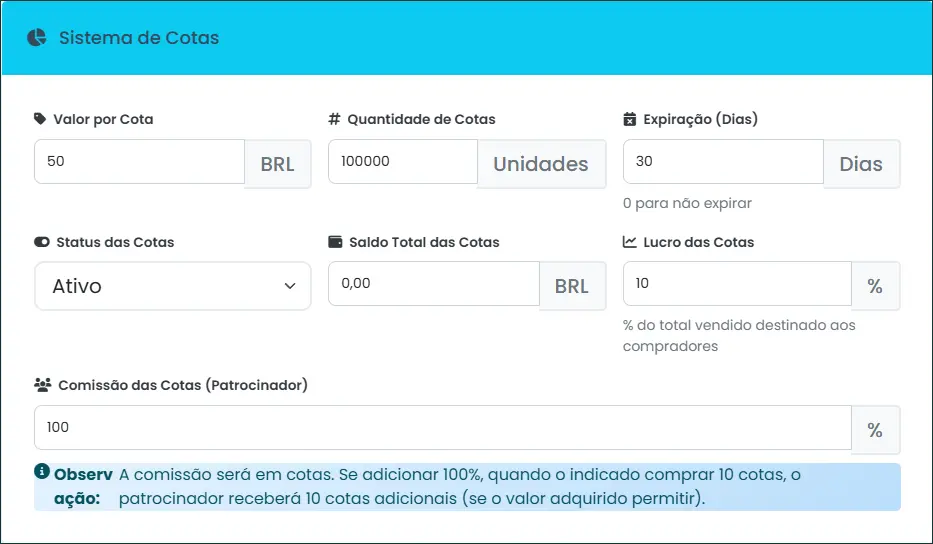Script completo de cotas e participação nos lucros MLM